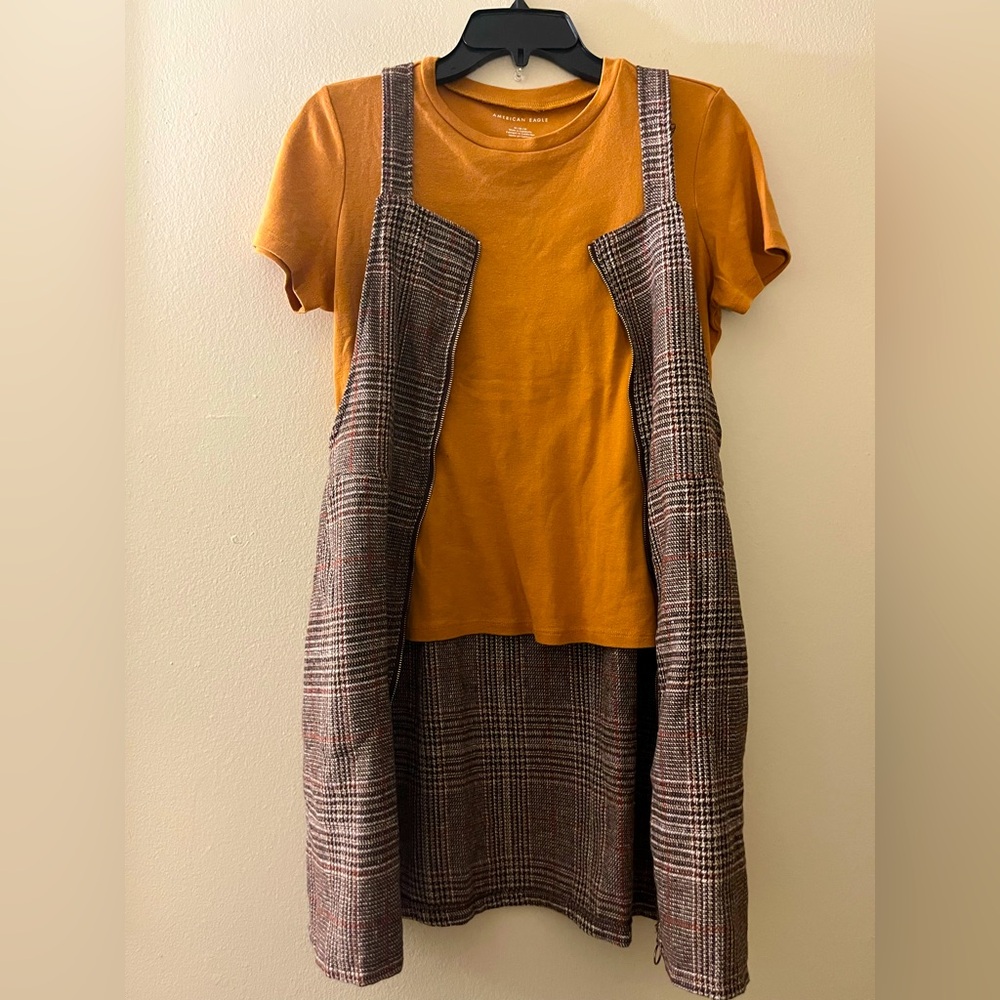 Bundle of Brown Plaid Jumper Dress and Mustard Tee - Picture 5 of 11